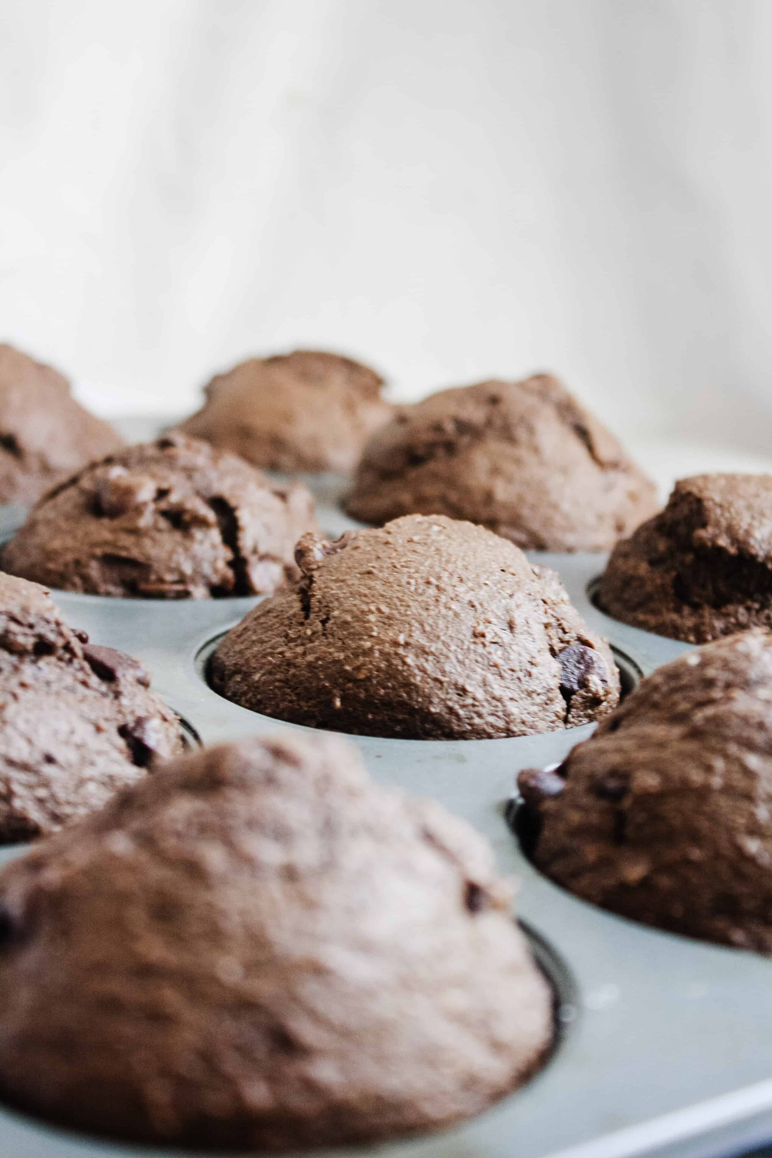 pan of double chocolate spelt muffins pan of double chocolate spelt muffins
